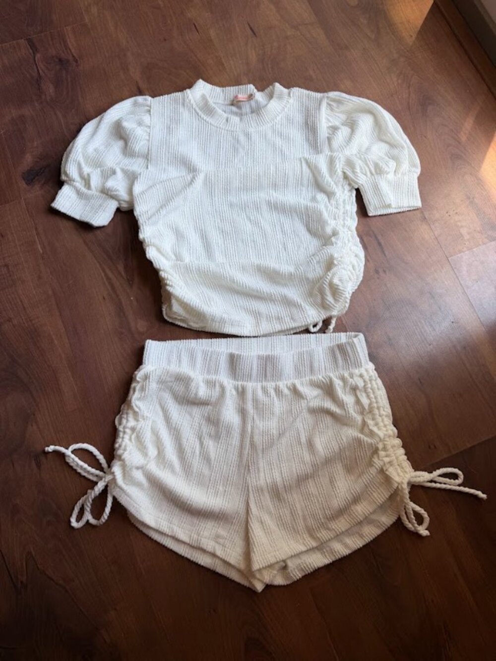 Maronie White Textured Ruched Matching Lounge Set | Size Small |